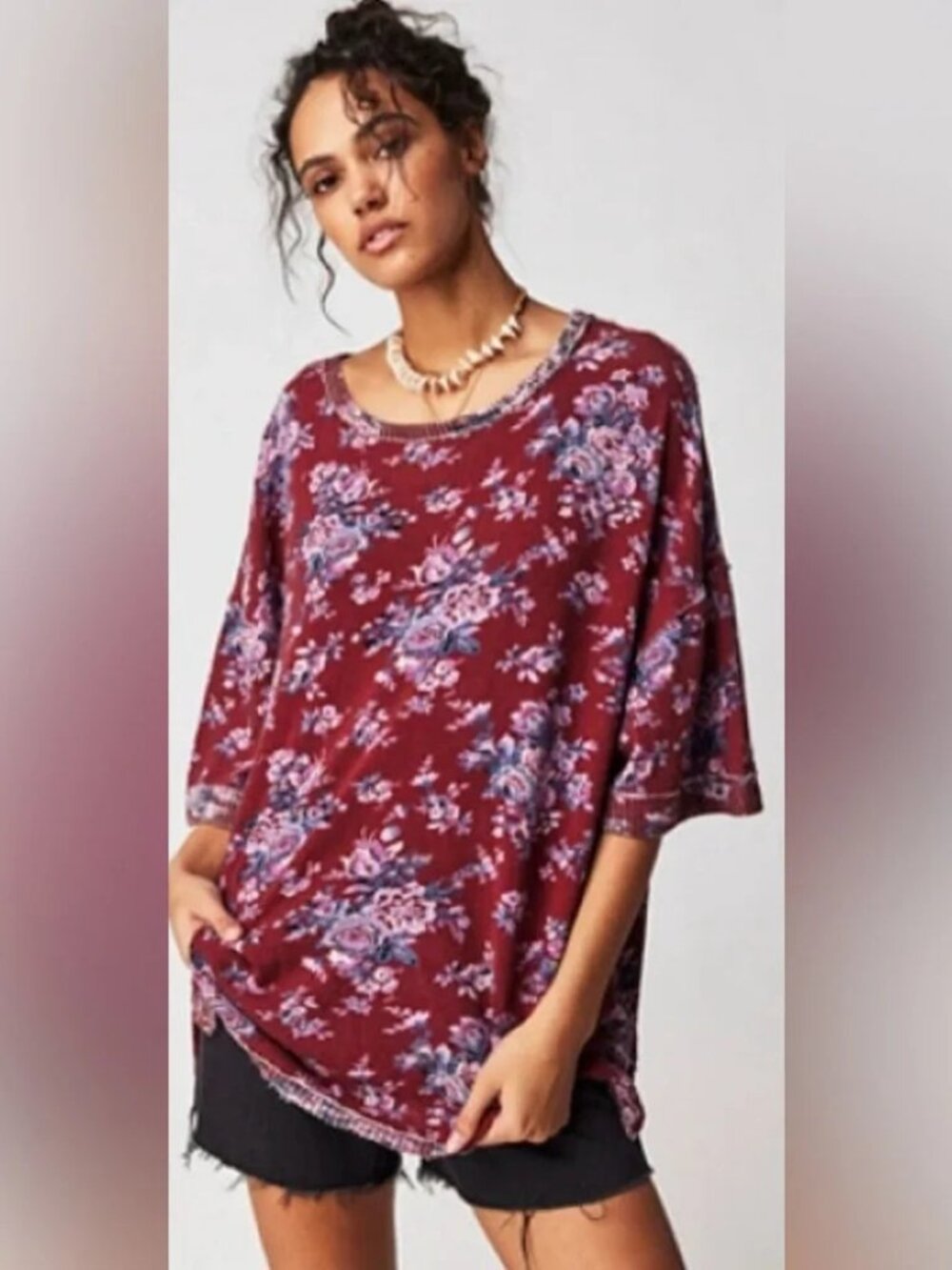 Free People We The Free Red Purple Floral You And Me Oversized Tunic Top
